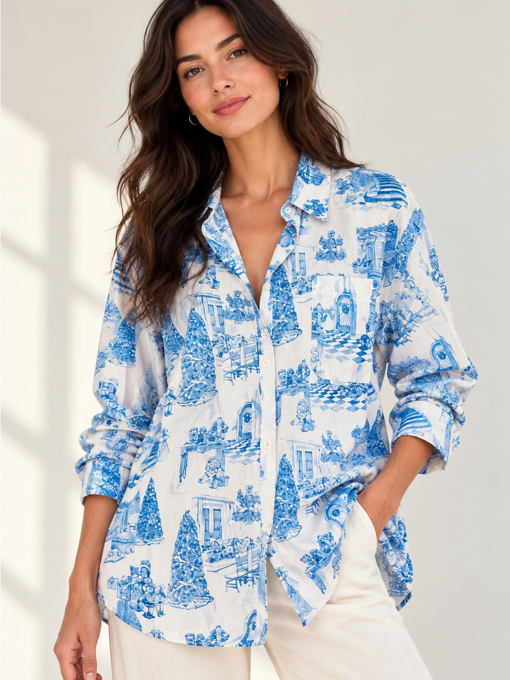 Printfresh x Kathy Hilton Holiday Toile Pajama Shirt Top Only Blue Large